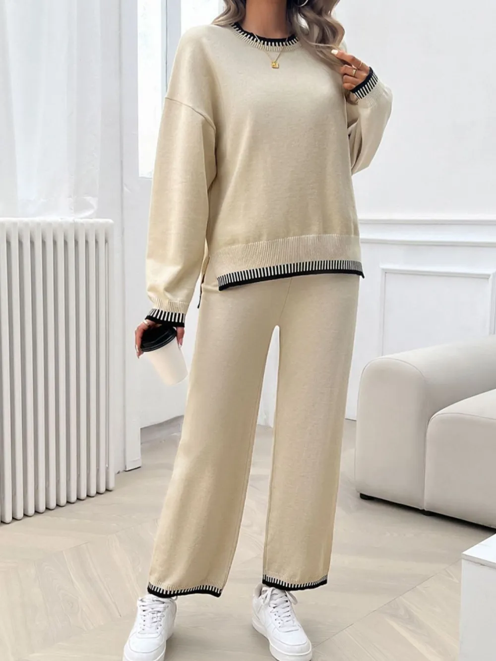 Round Neck Dropped Shoulder Top and Pants Sweater Set, image 9