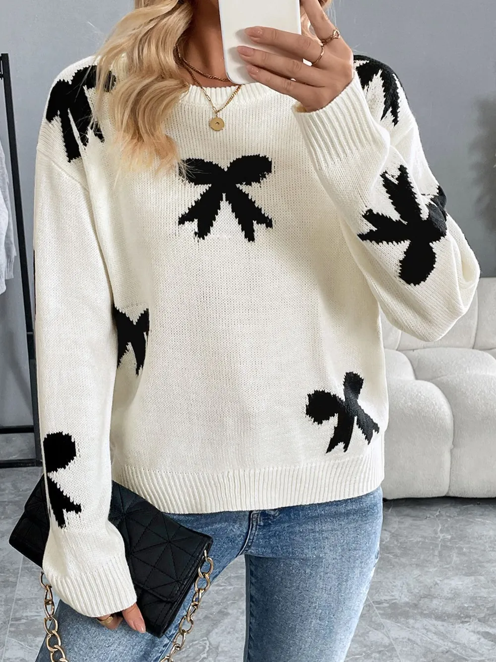 Bow Graphic Round Neck Long Sleeve Sweater, image 5