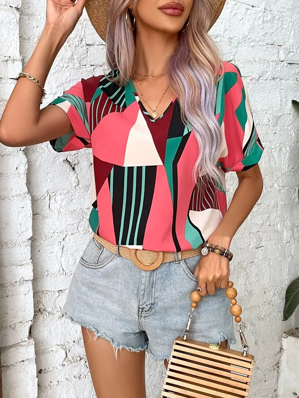Printed V-Neck Short Sleeve Blouse, image 13