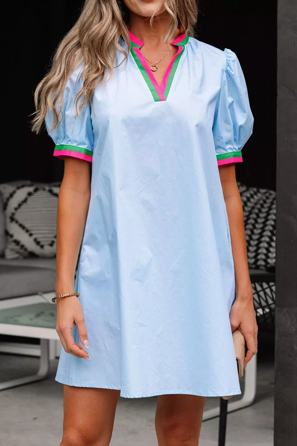 Puff Sleeve Mini Dress with Contrast Trim, image 9