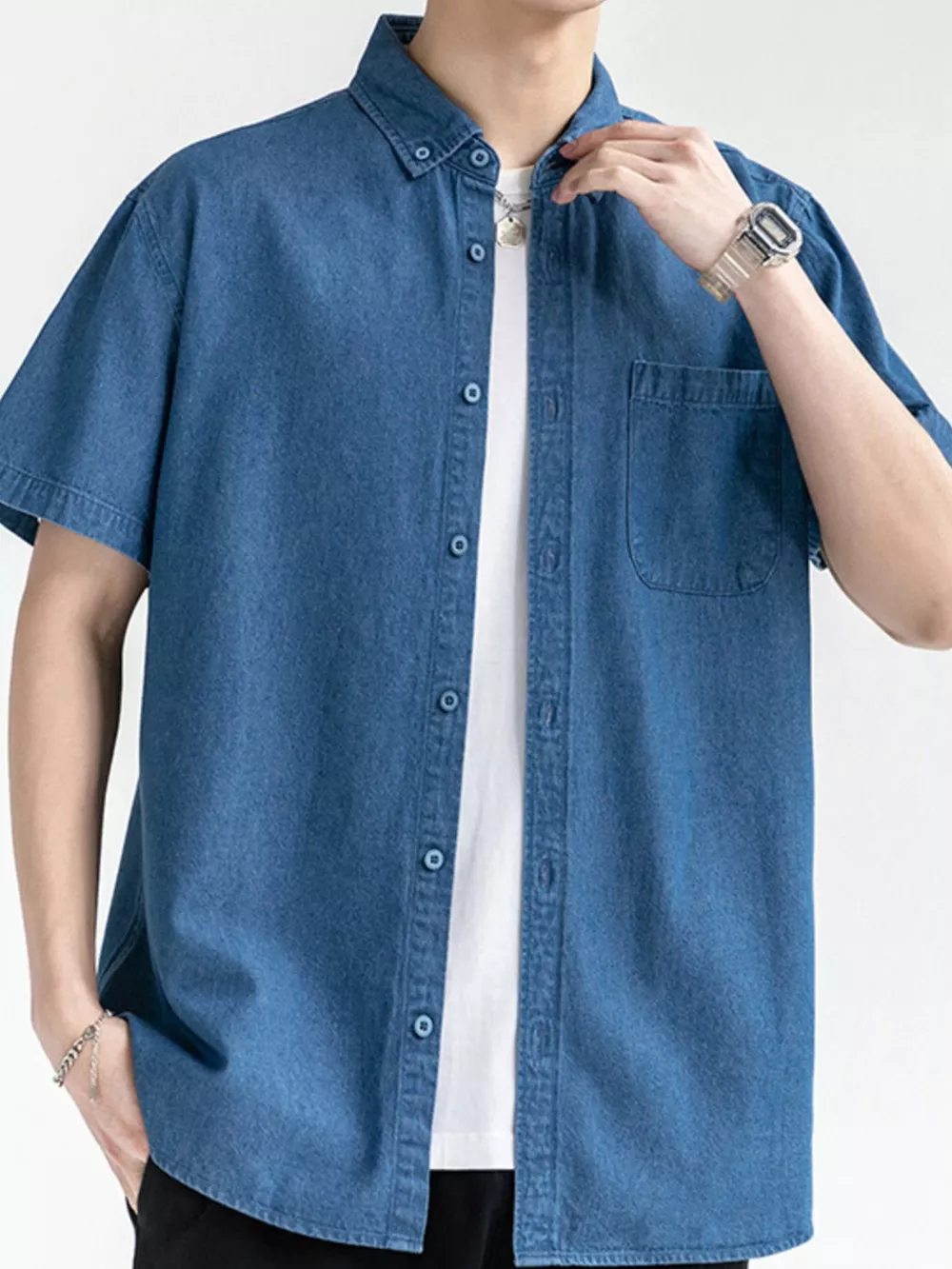 Men's Plus Size Casual Short Sleeve Denim Shirt, image 4