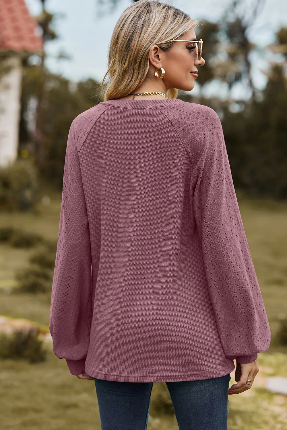 Eyelet Notched Raglan Sleeve T-Shirt, image 9
