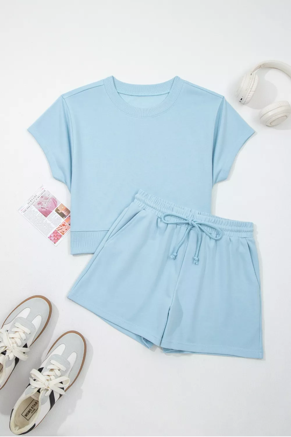Solid Color Loose Tee Drawstring Shorts 2pcs Outfit Set, image 3