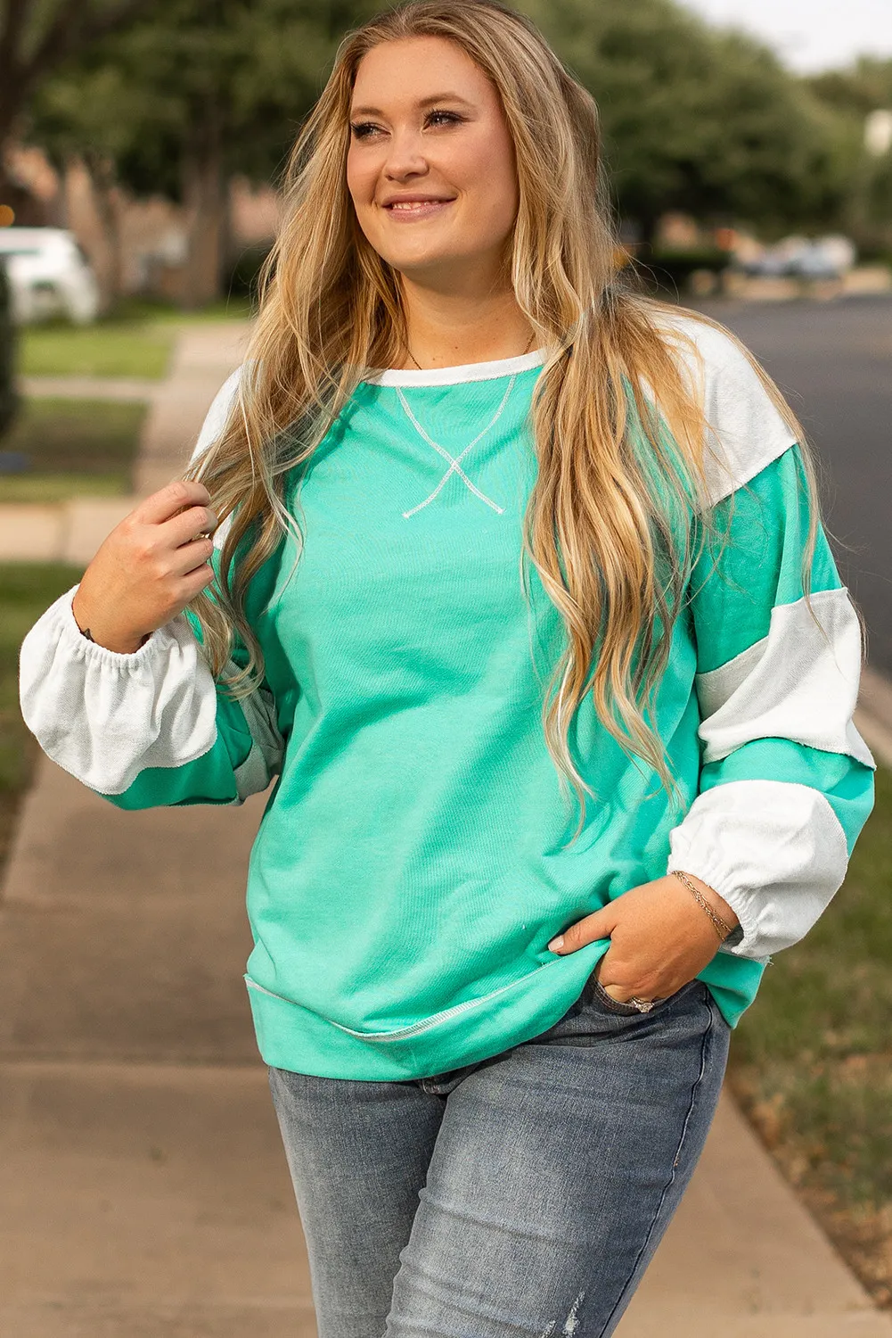 Plus Size Exposed Seam Color Block Long Sleeve Sweatshirt, image 8