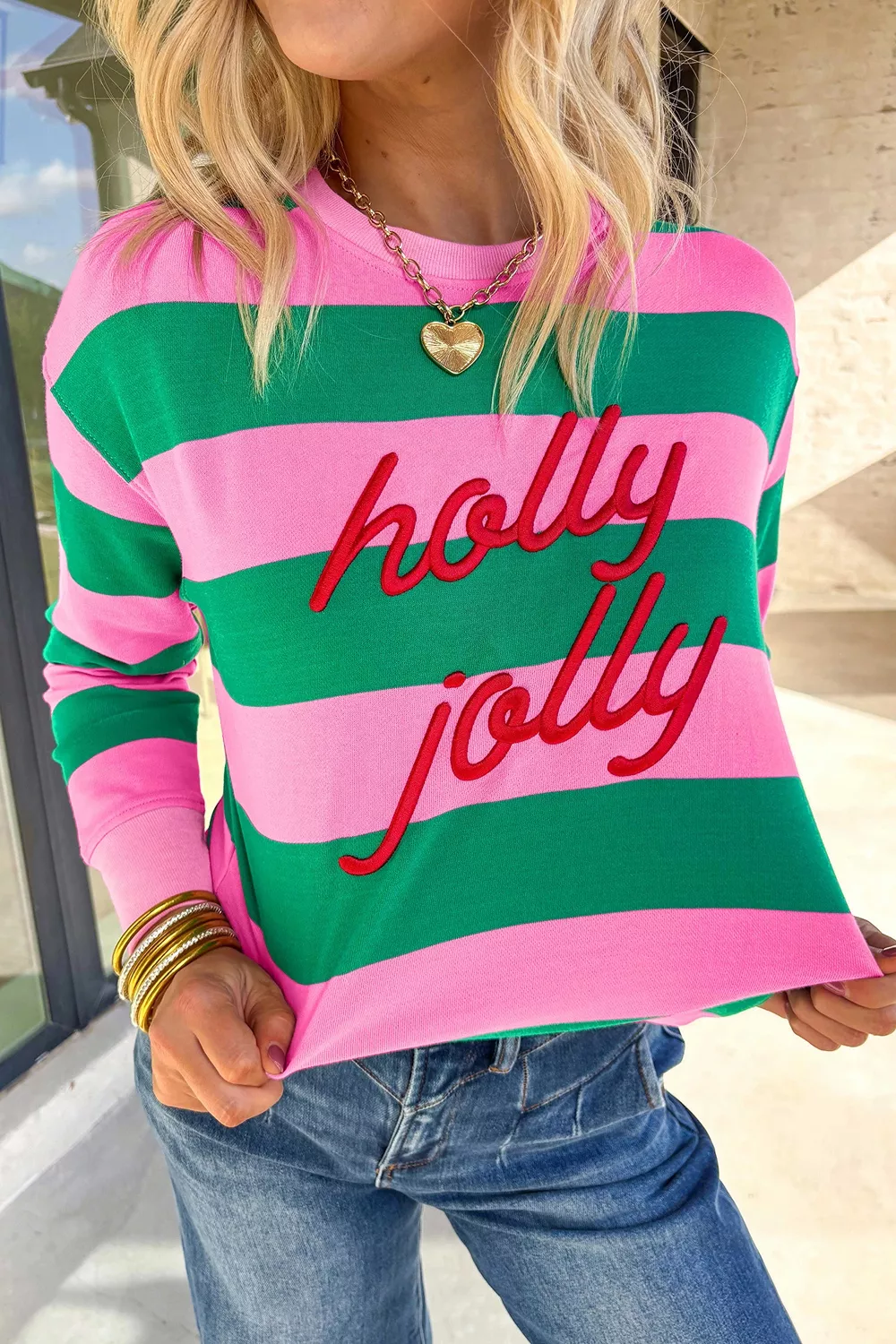 Stripe holly jolly Letter Embroidered Pullover Sweatshirt, image 4