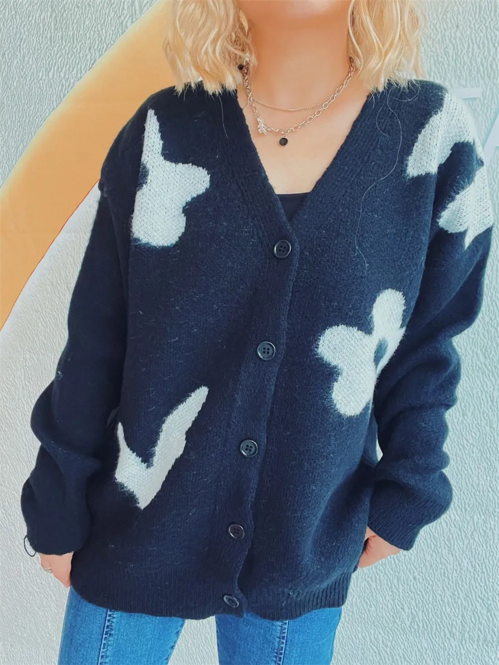 Flower Button Down V-Neck Long Sleeve Cardigan, image 7