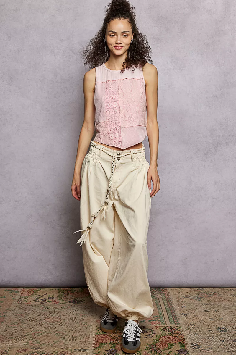 Ribbed Round Neck Cropped Tank with Lace Detail, image 6