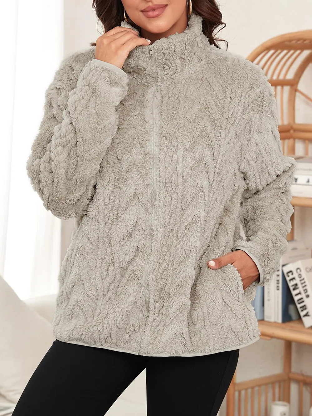 Fuzzy Zip Up Long Sleeve Jacket, image 10