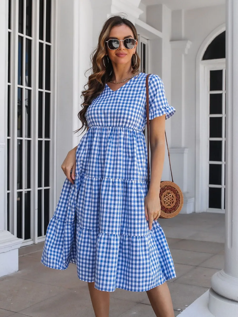 Plaid V-Neck Short Sleeve Midi Dress, image 6