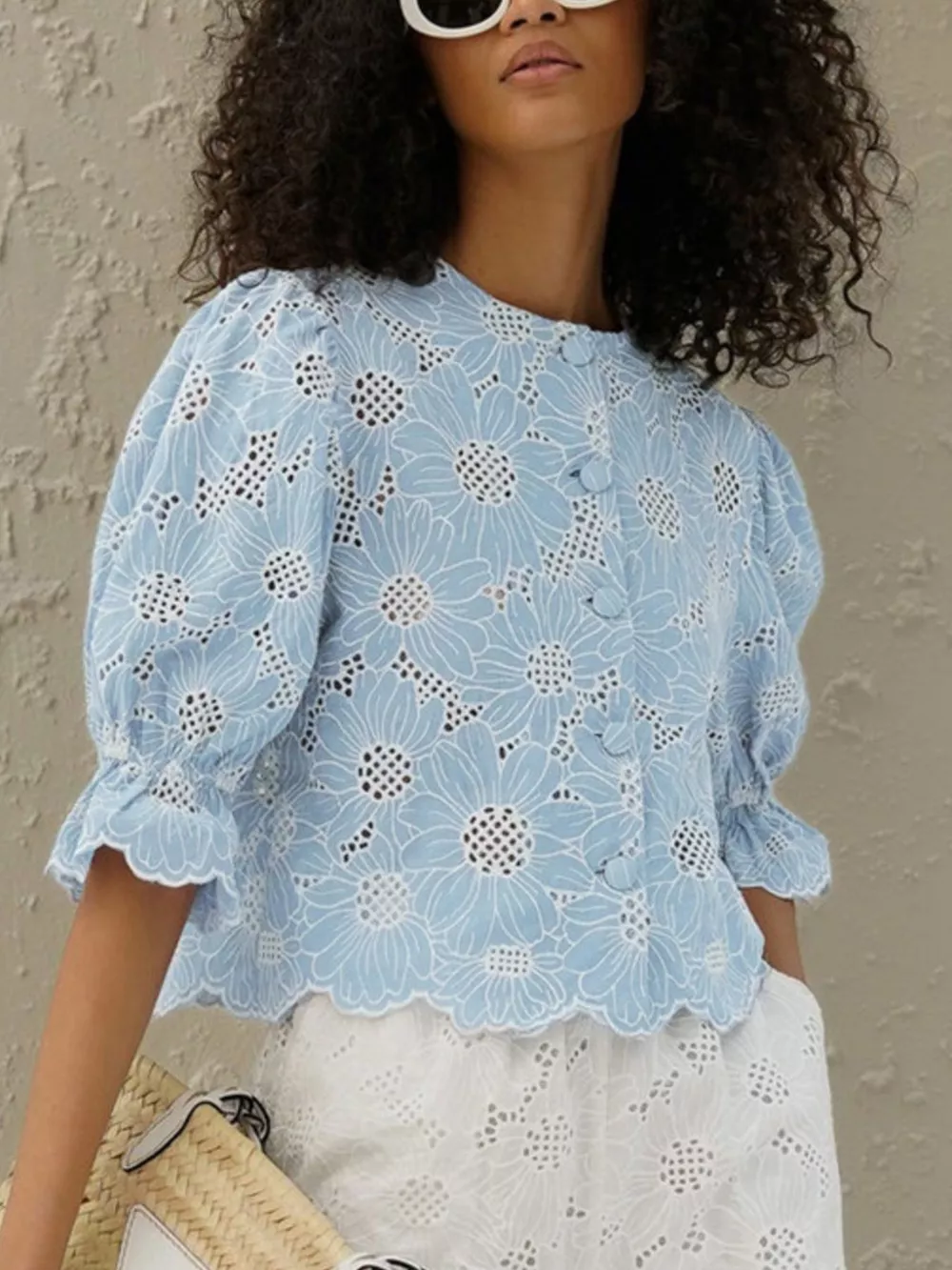 Embroidered Flounce Sleeve Blouse, image 3