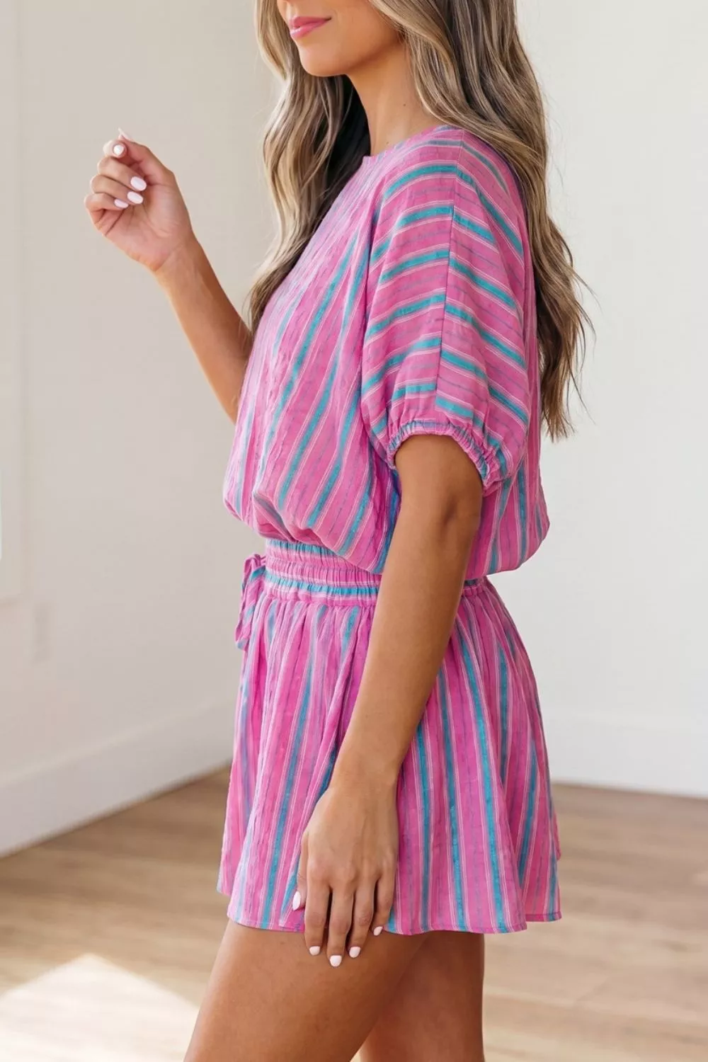 Stripe Dolman Short Sleeve Blouse Drawstring Elastic Waist Loose Short Set, image 3