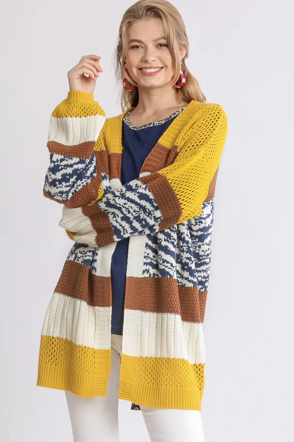 Full Size Color Block Open Front Longline Cardigan Plus Size