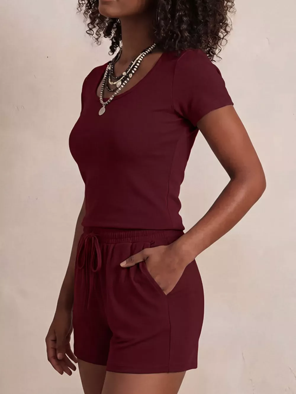 Solid Color Short Sleeve Tee and Shorts Set, image 3