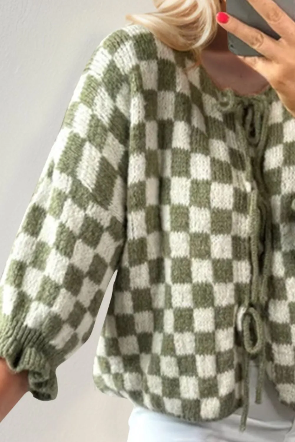 Tied Checkered Dropped Shoulder Flounce Sleeve Cardigan, image 13