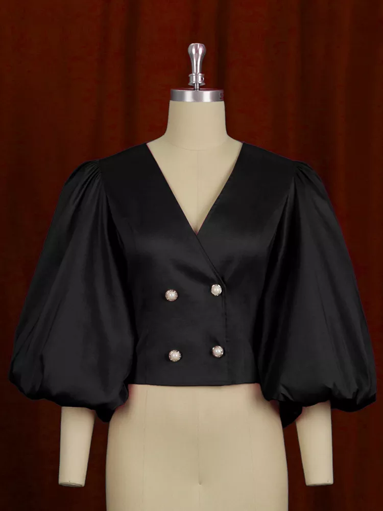 Full Size Double-Breasted Puff Sleeve Blouse Plus Size, image 15