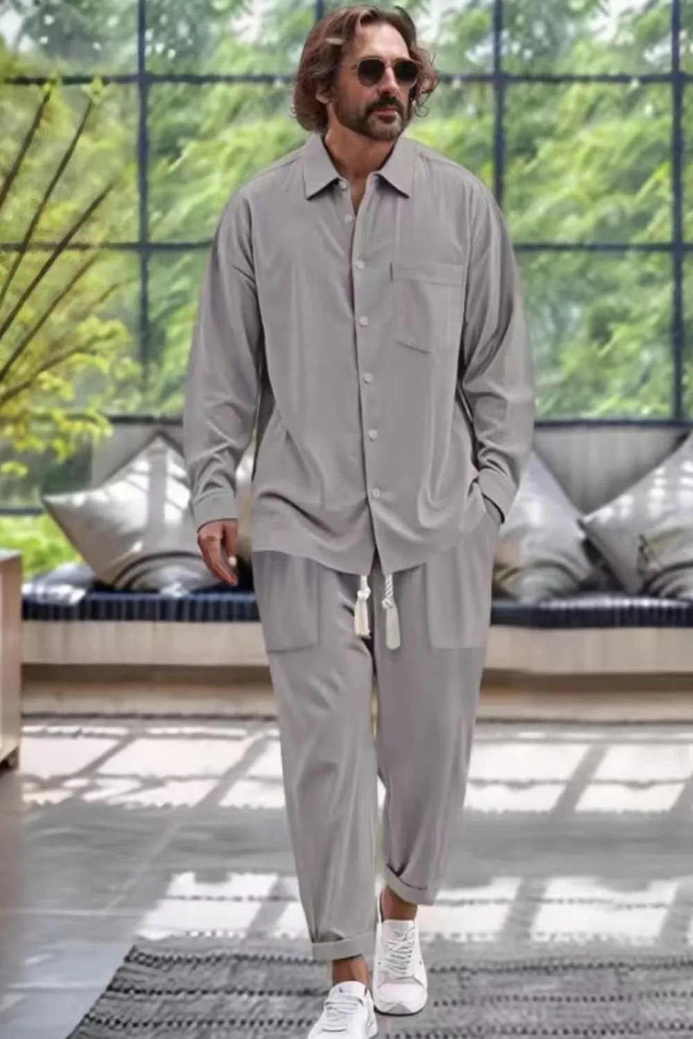 Men's Collared Neck Long Sleeve Top and Pants Set Plus Size, image 6