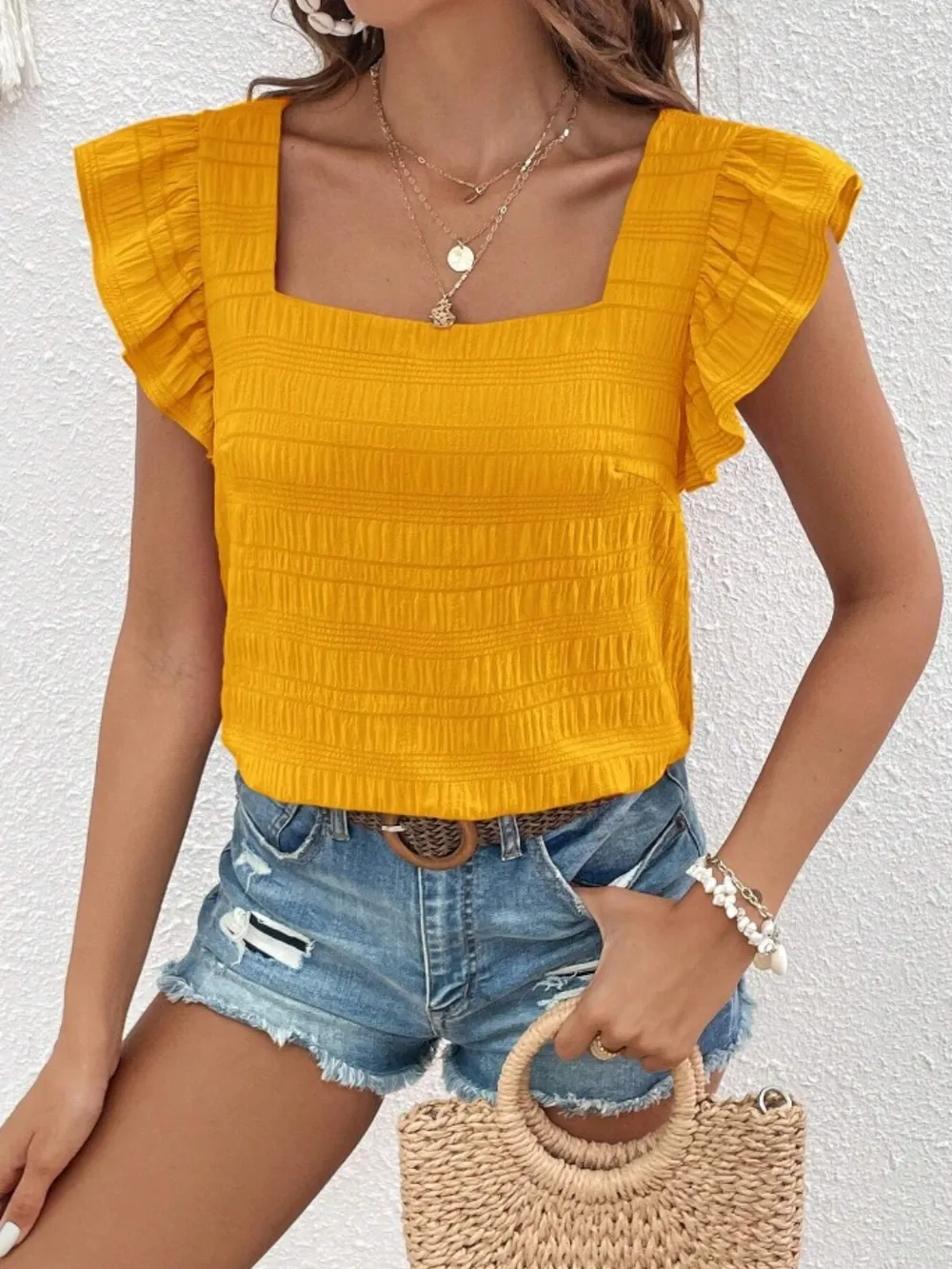 Ruffled Square Neck Cap Sleeve Blouse, image 33