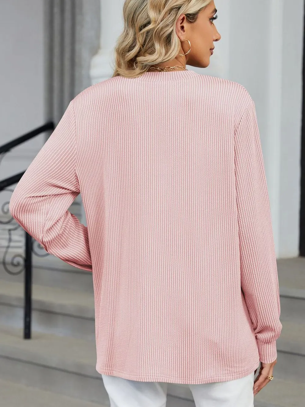 Striped Notched Long Sleeve T-Shirt, image 3