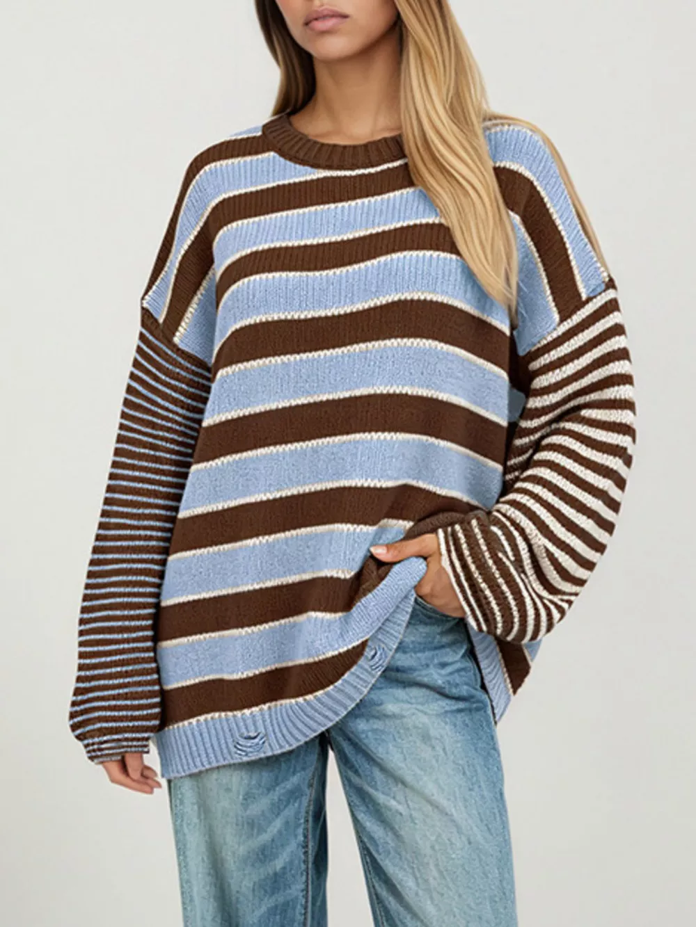 Oversized Striped Distressed Sweater, image 6