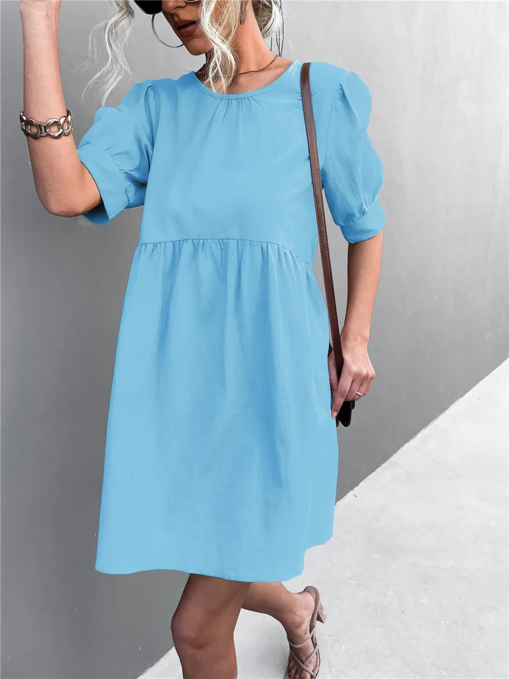 Round Neck Puff Sleeve Mini Dress, image 6