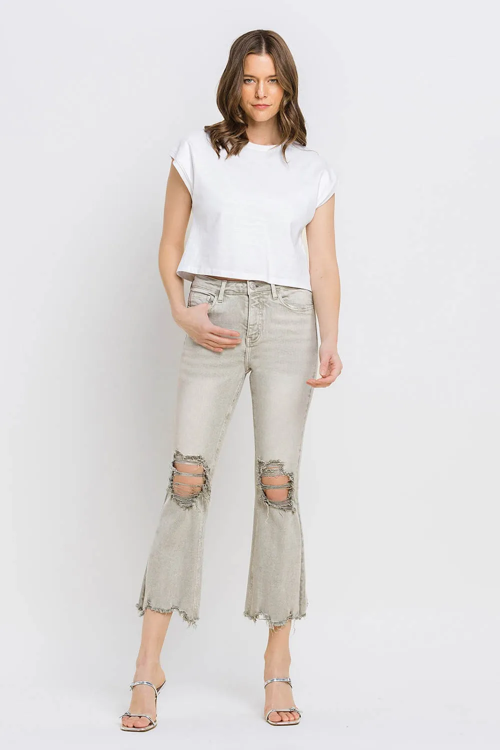 Distressed Raw Hem Cropped Flare Jeans, image 9