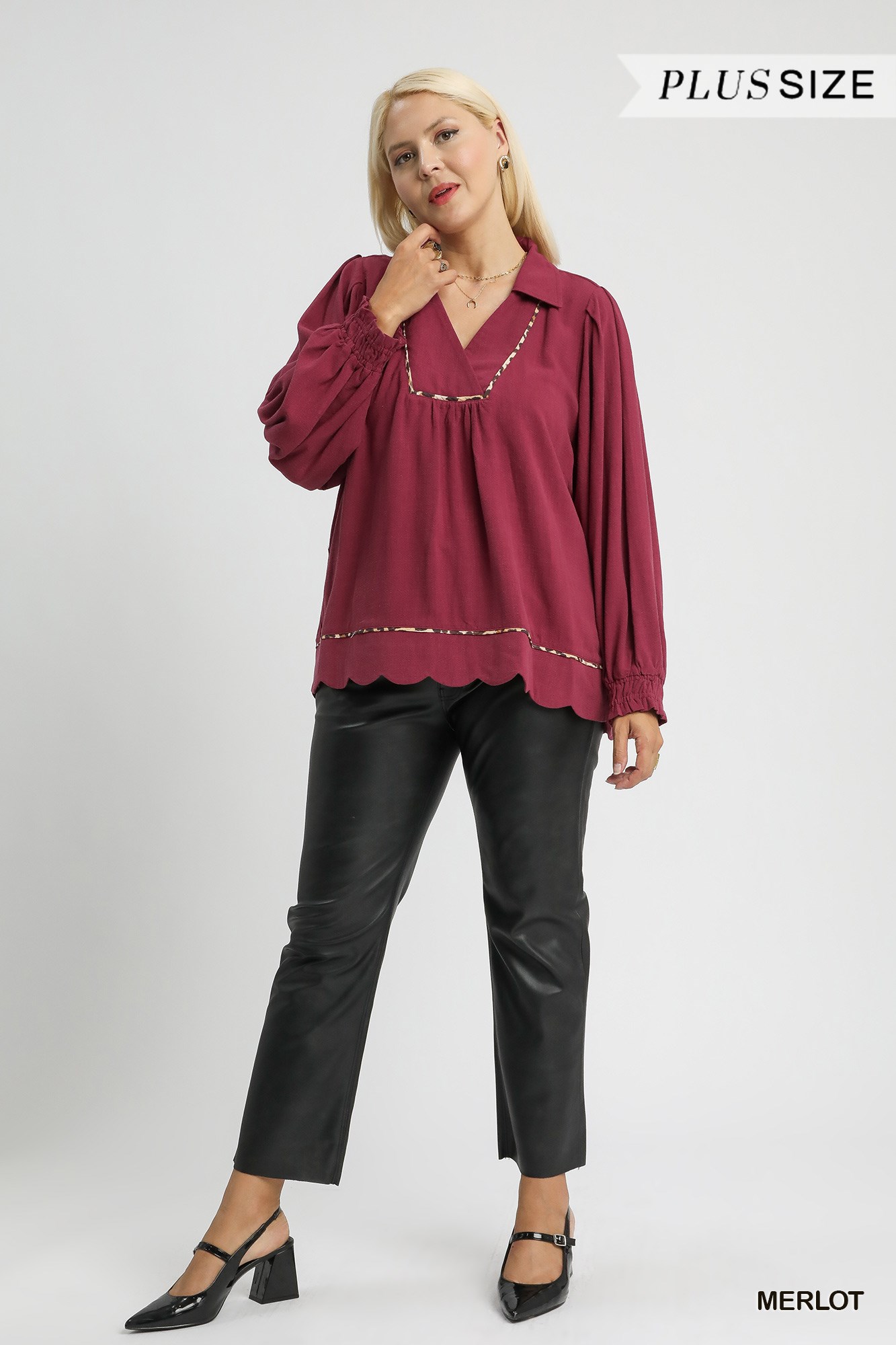 Full Size Linen Scallop Hem Blouse with Contrast Trim Plus Size, image 8