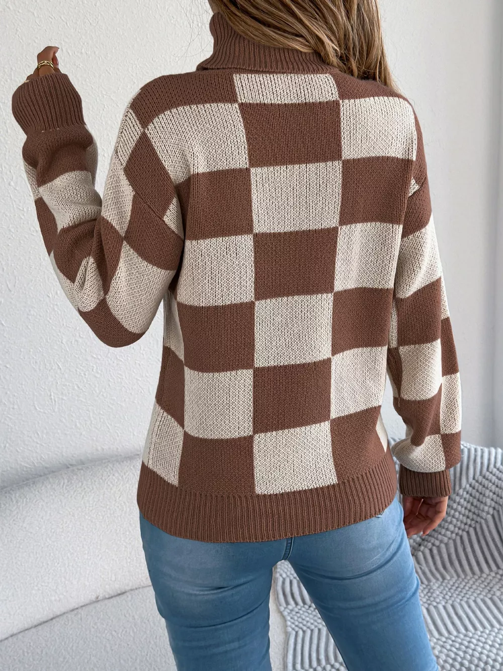 Checkered Turtleneck Long Sleeve Sweater, image 13