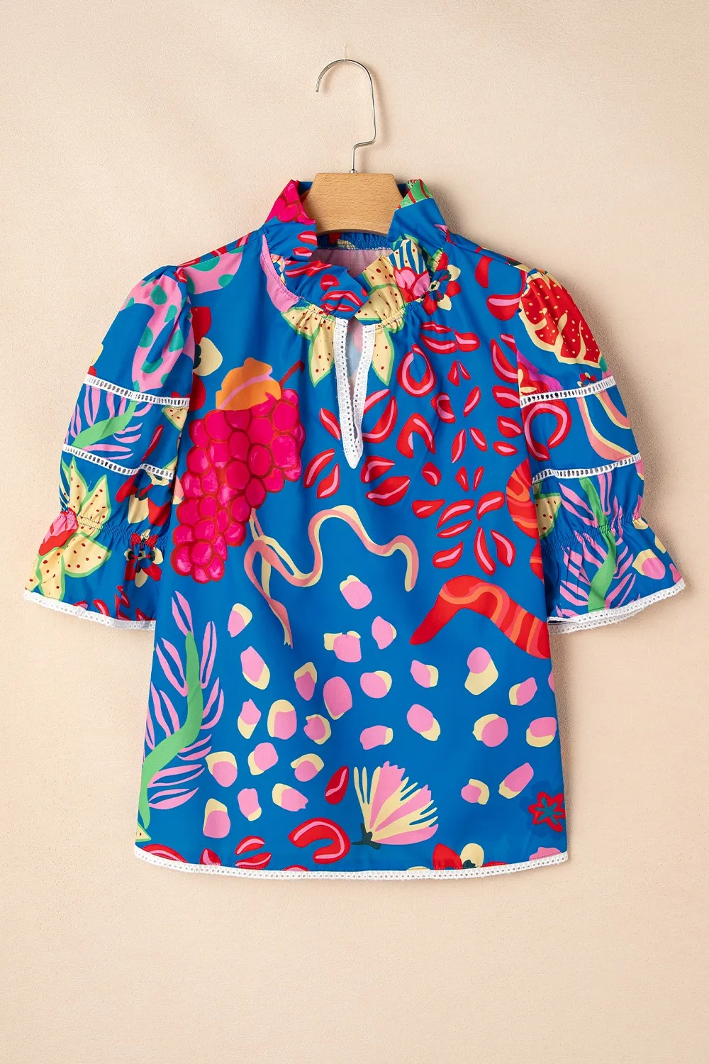 Abstract Print Frilled Collar Ruffled Puff Short Sleeve Top, image 7