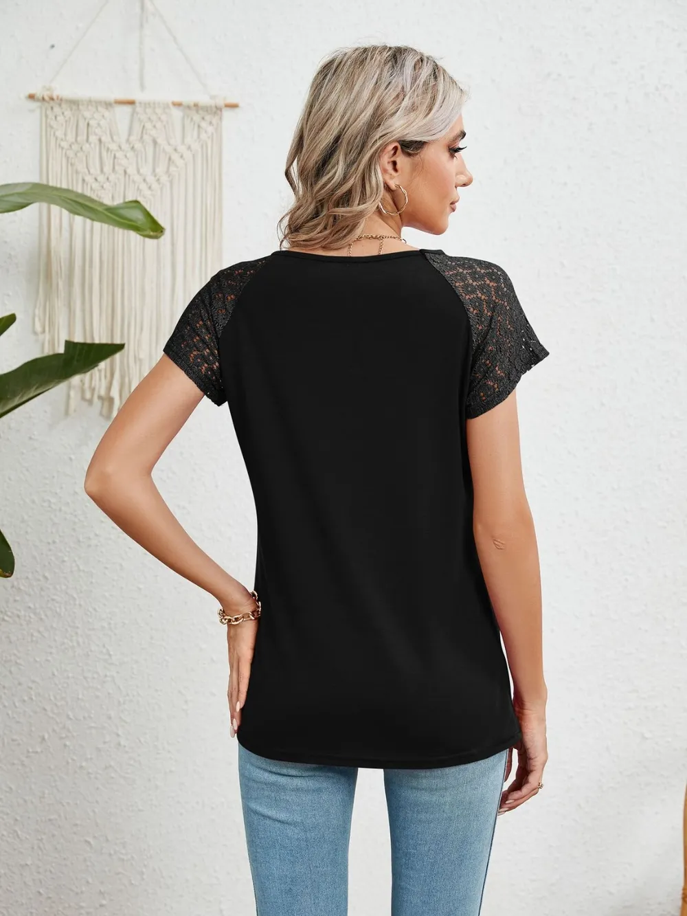 Lace Detail Round Neck Short Sleeve T-Shirt, image 8