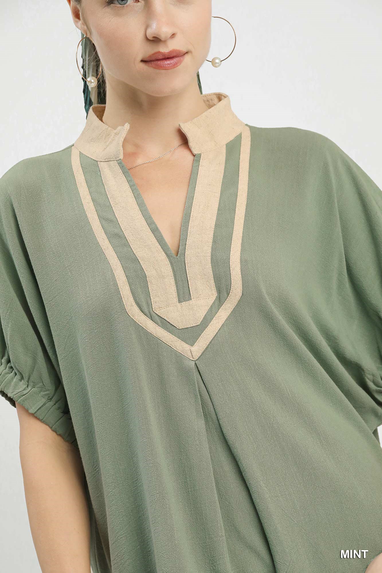 Linen Contrast Trim V-Neck Blouse, image 4