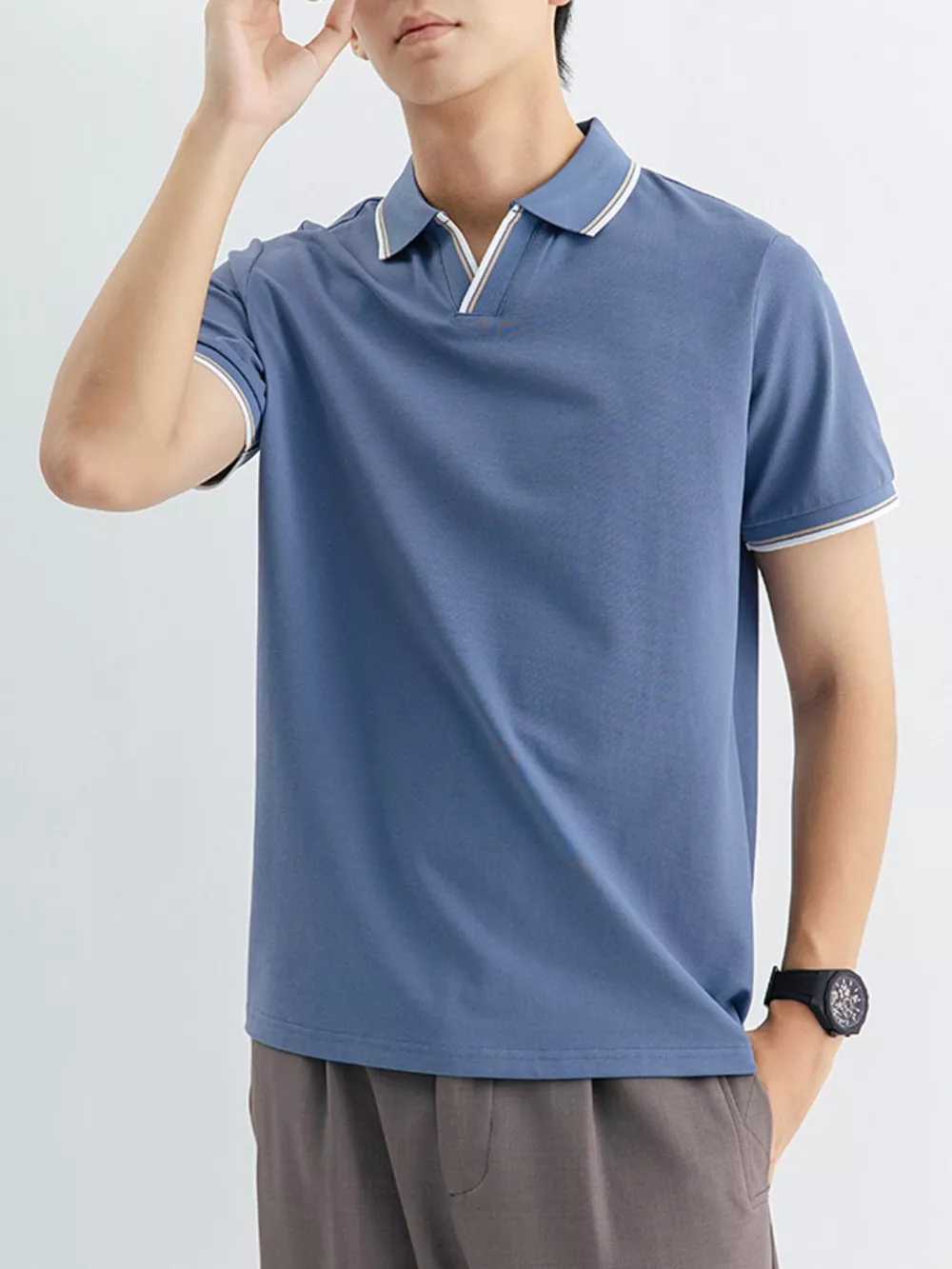 Men's Plus Size Casual Slim-Fit Striped Trim Polo, image 3