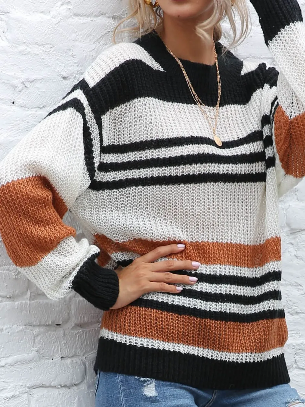Contrast Striped Round Neck Long Sleeve Sweater, image 6