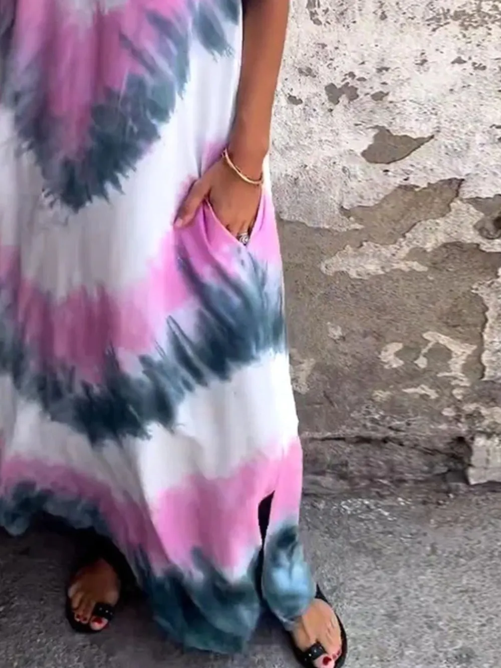 Full Size Tie-Dye V-Neck Midi Dress with Pockets Plus Size, image 10