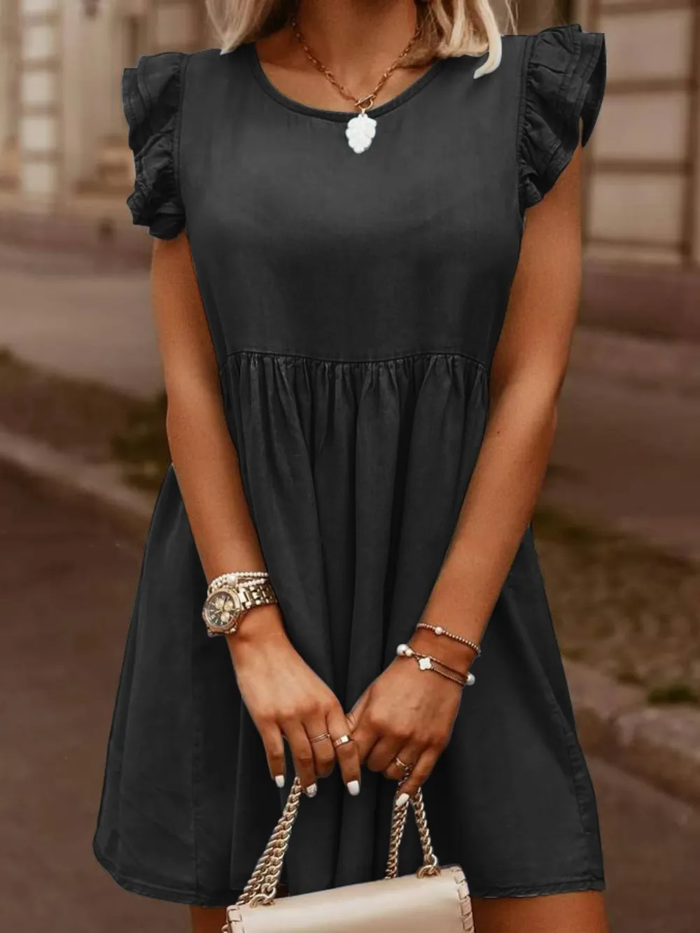Full Size Ruffled Round Neck Cap Sleeve Denim Dress, image 11