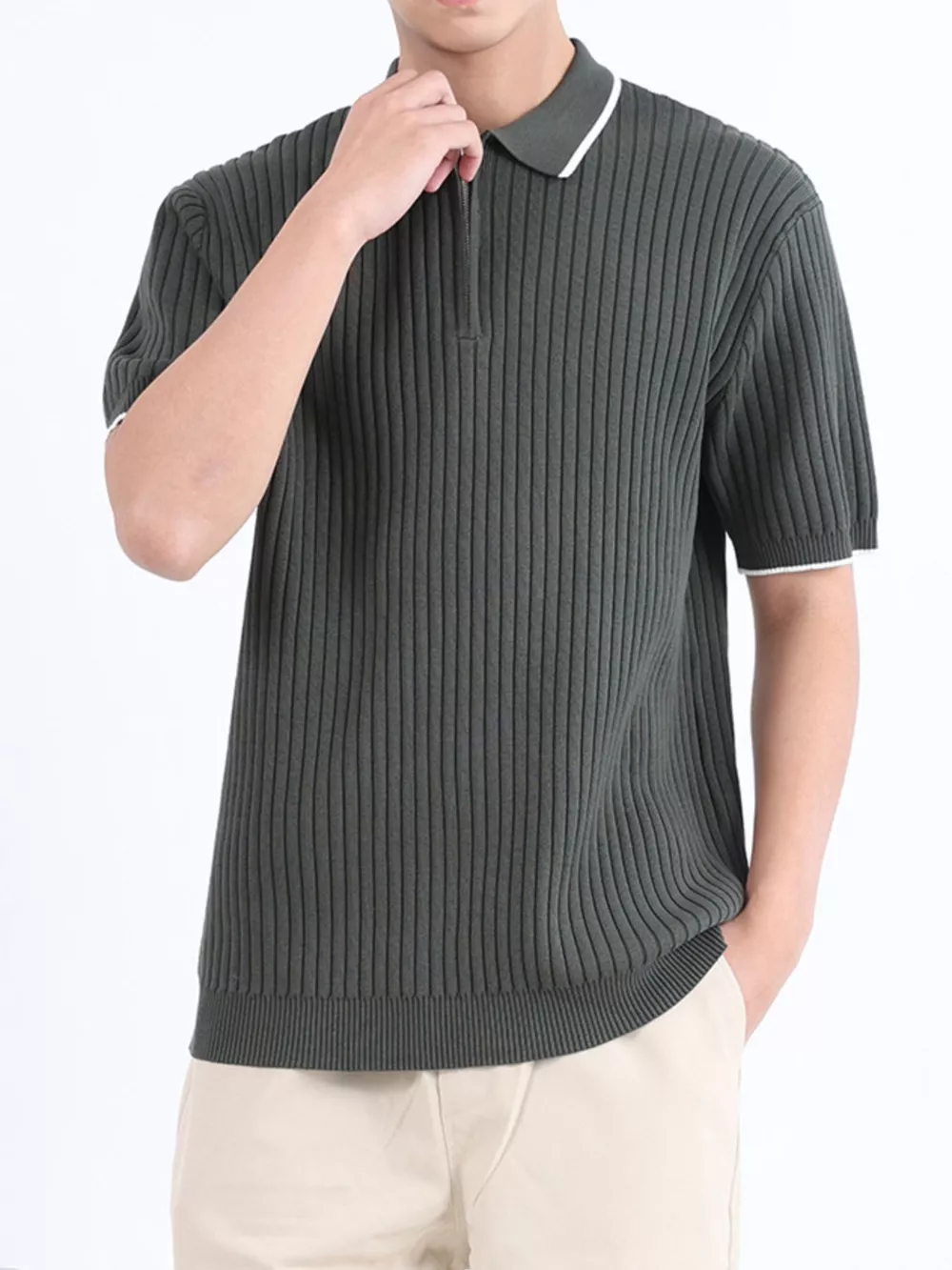 Men's Plus Size Ribbed Knit Zip-Up Polo, image 7