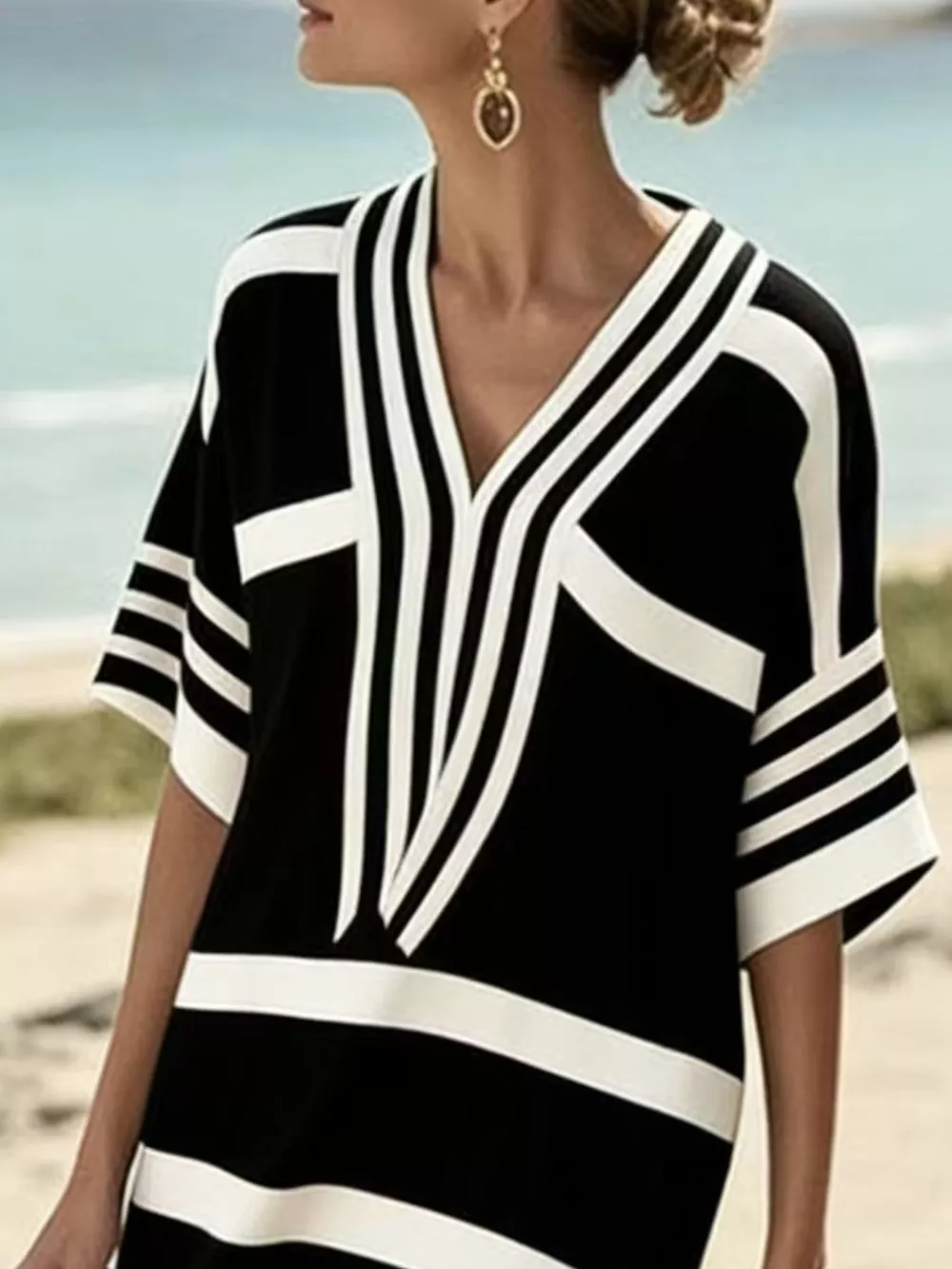 Full Size Striped Half Sleeve Midi Dress Plus Size, image 11