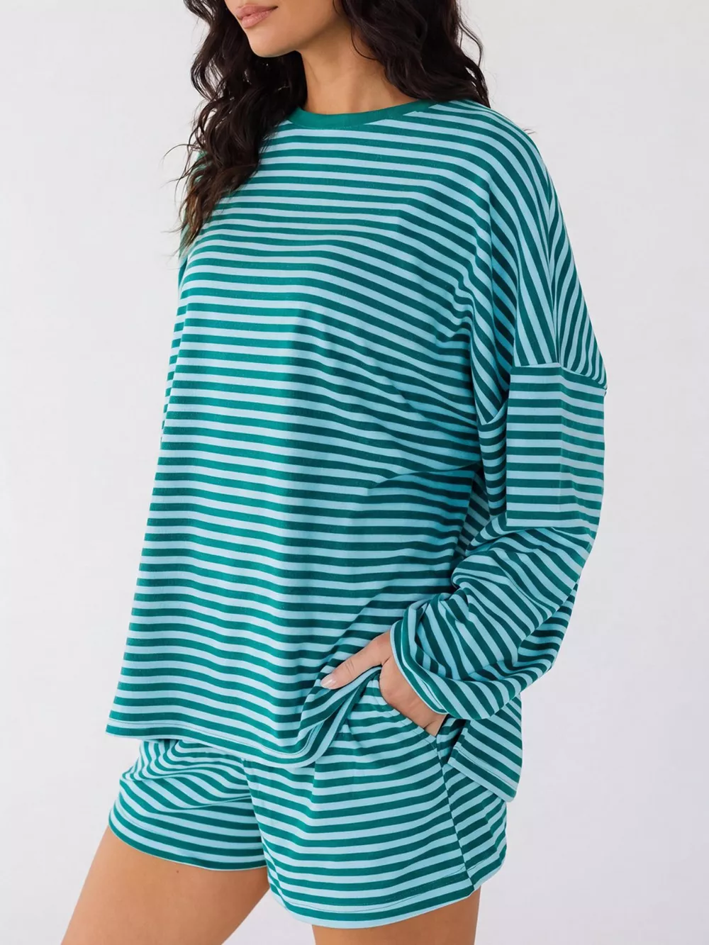 Casual Striped Long Sleeve Top and Shorts Set, image 4