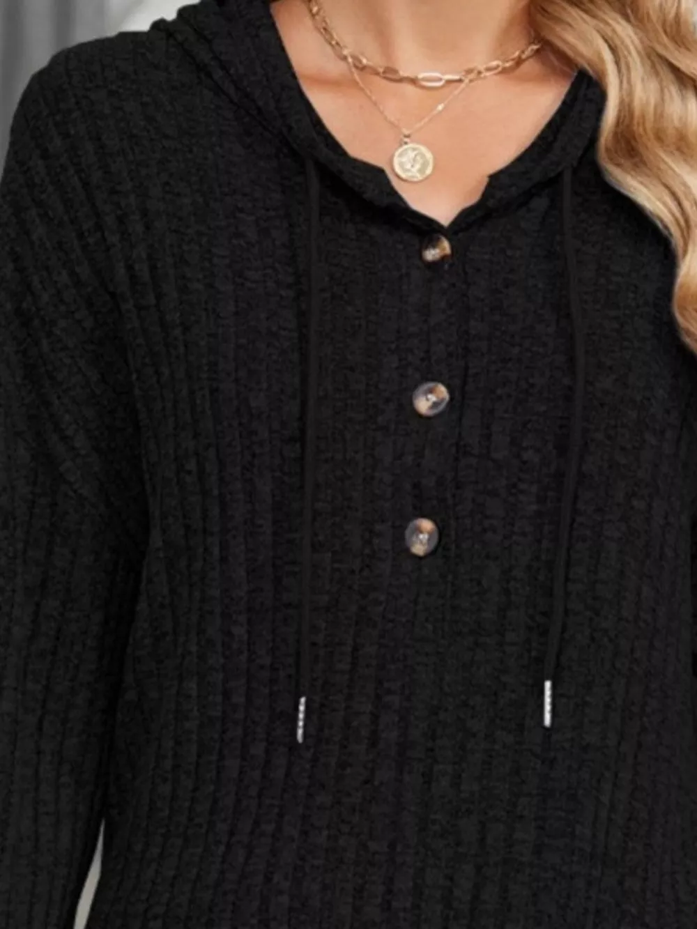 Casual Ribbed Knit Button Detail Hoodie, image 2