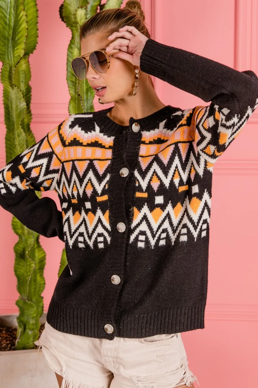 Ethnic Pattern Button Up Knit Cardigan, image 2