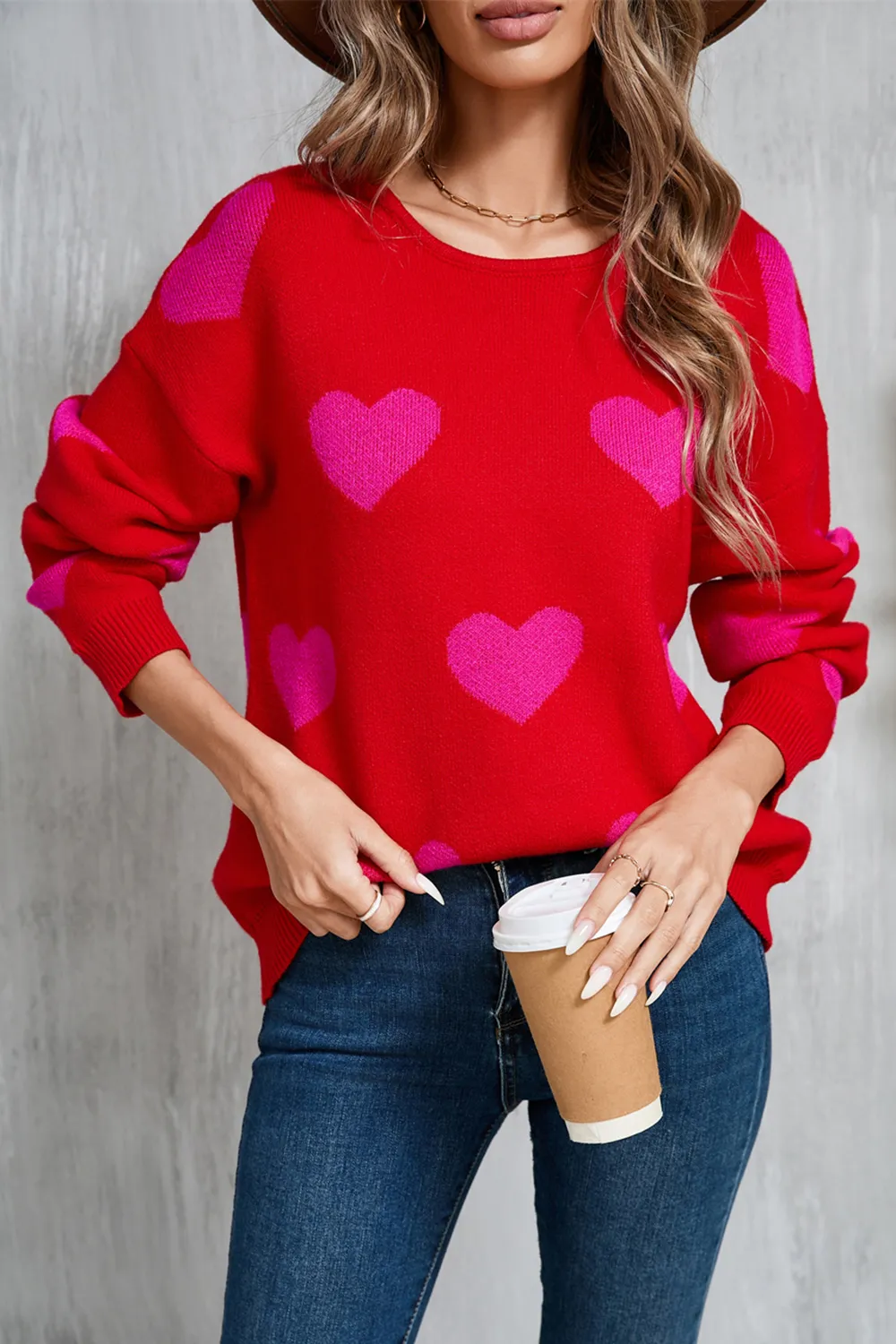 Heart Round Neck Dropped Shoulder Sweater, image 6