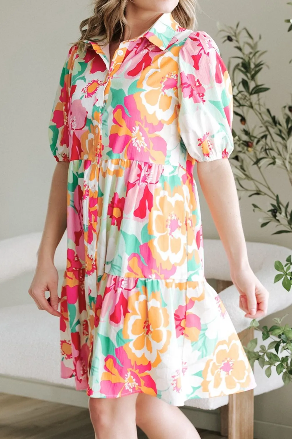 Button Down Floral Puff Sleeve Babydoll Dress, image 16