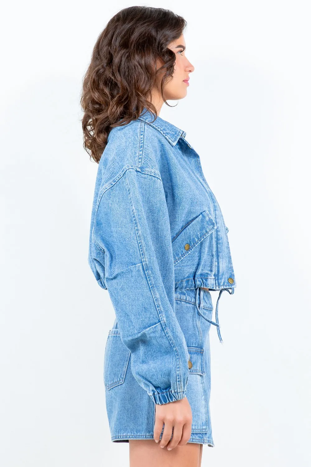 Drawstring Waist Crop Denim Jacket, image 5