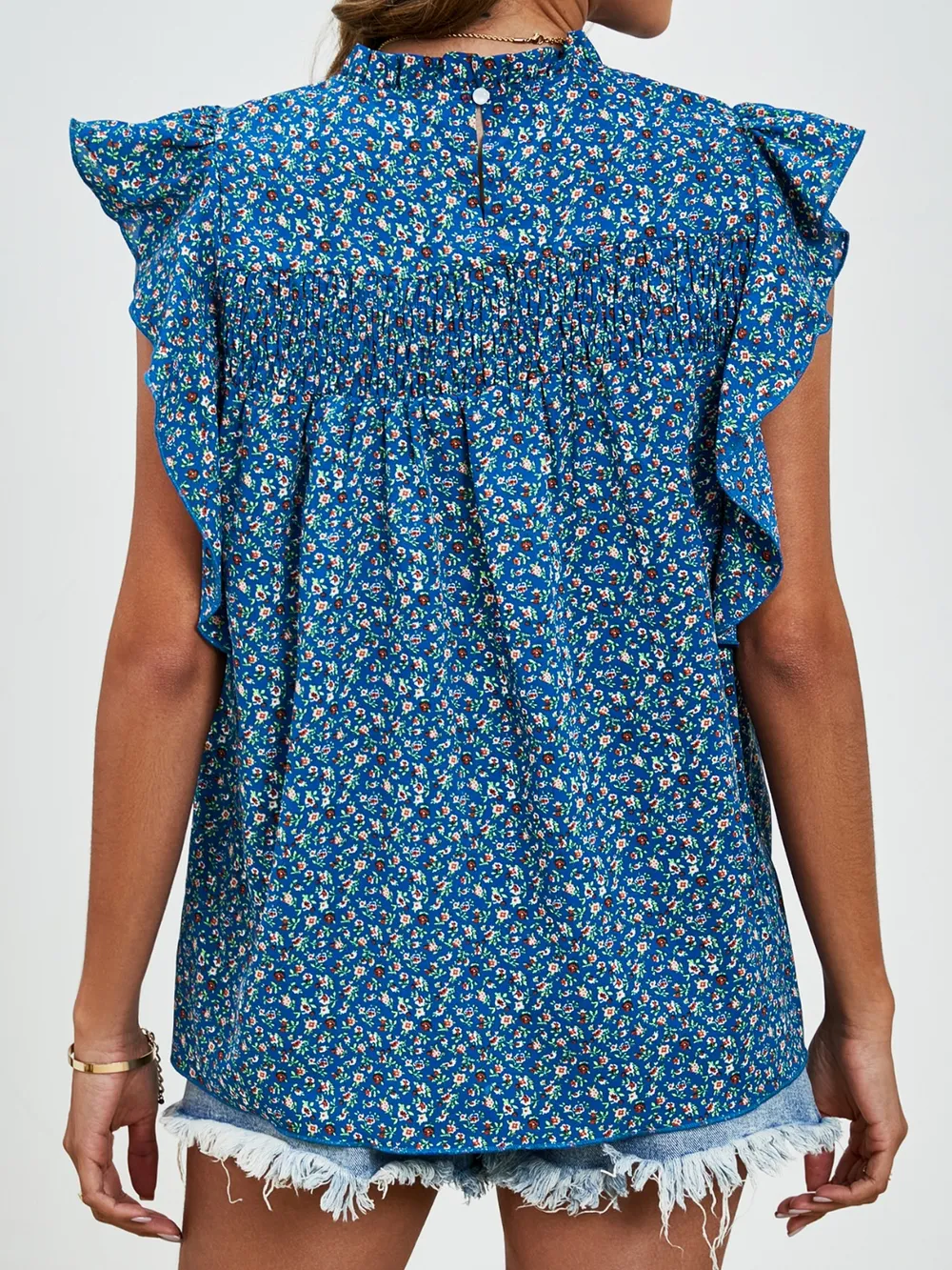Ruffled Ditsy Floral Mock Neck Cap Sleeve Blouse, image 18