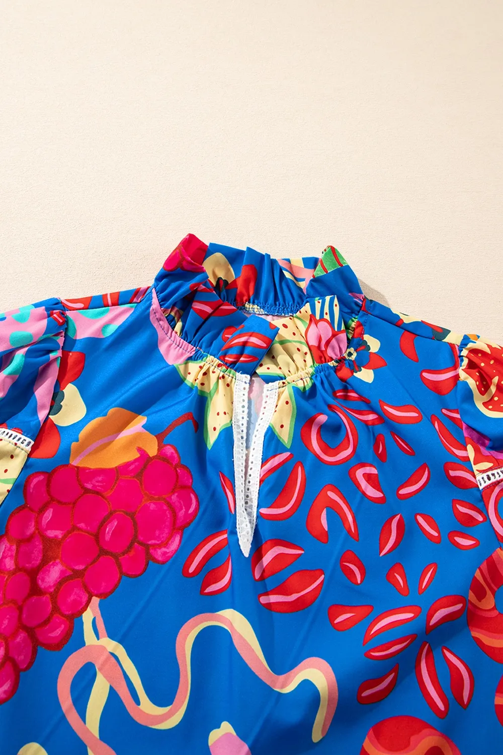 Abstract Print Frilled Collar Ruffled Puff Short Sleeve Top, image 8