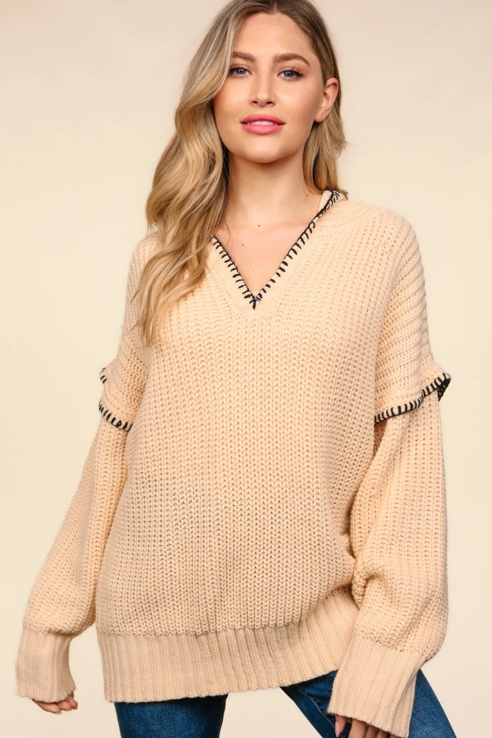Contrast Stitching Long Sleeve Hooded Sweater, image 3