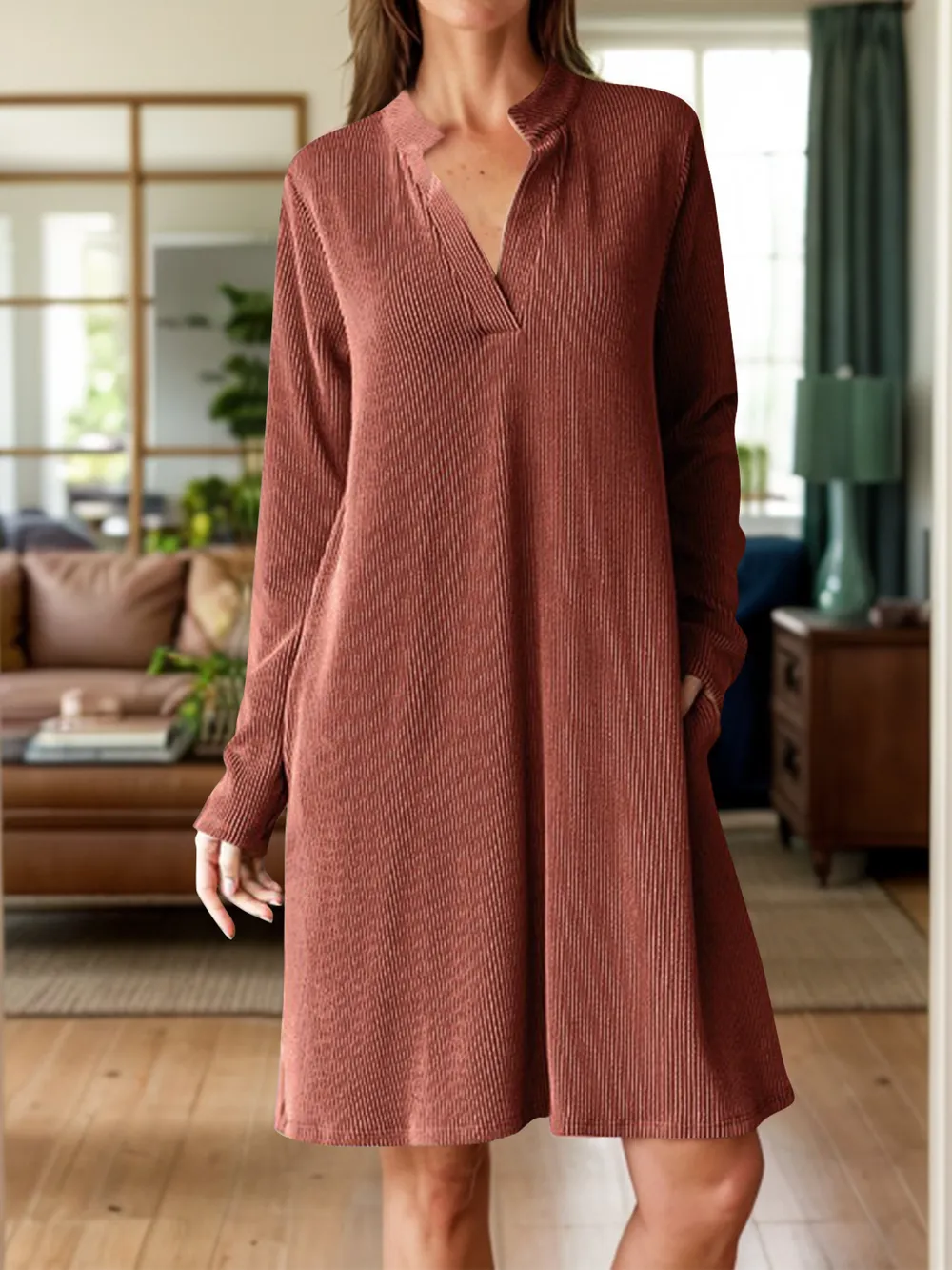 Notched Long Sleeve Mini Dress with Pockets, image 2
