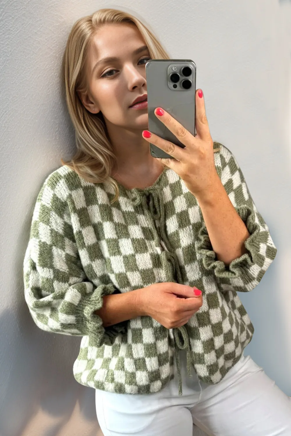 Tied Checkered Dropped Shoulder Flounce Sleeve Cardigan, image 14