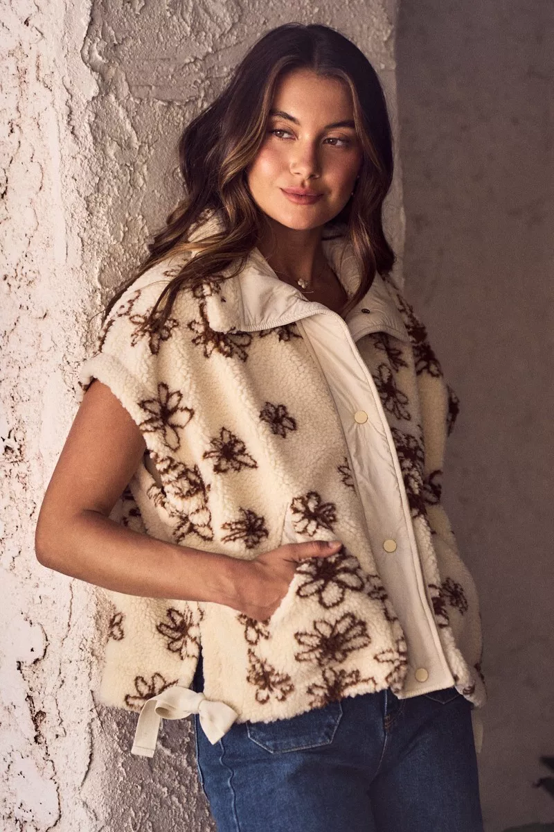 Flower Sherpa Fur Oversized Sleeveless Vest Jacket, image 7