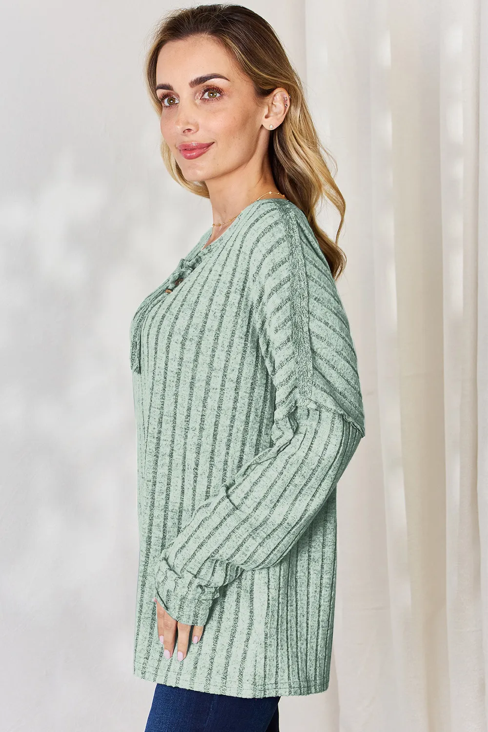 Full Size Ribbed Half Button Long Sleeve T-Shirt, image 22
