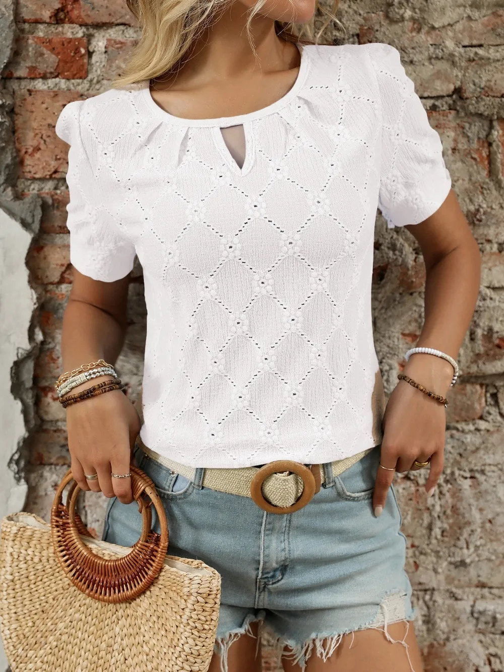 Eyelet Round Neck Short Sleeve Top, image 19